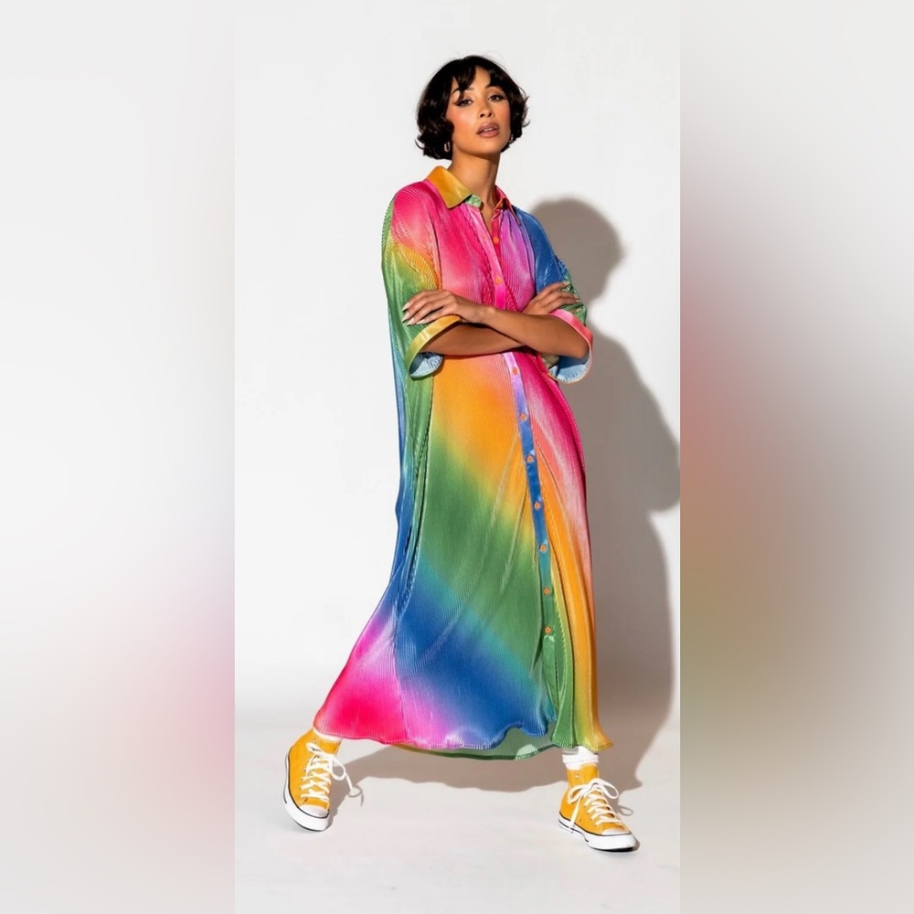 Dressed in LALA So Far So Good Oversized Plissé Dress in Prismatic Rainbow